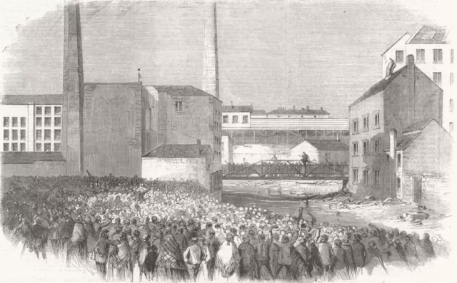 LANCS. Famine. Protest, Johnson's Mill, Stalybridge 1861 old antique print
