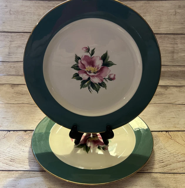 Vtg Pair Century Service Homer Laughlin Empire Green Pink Flower 10” Plates