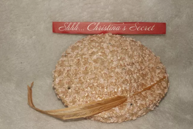 VTG 50s Womens Hat Fascinator Cocktail Peach Raffia Braided Feather Rhinestones