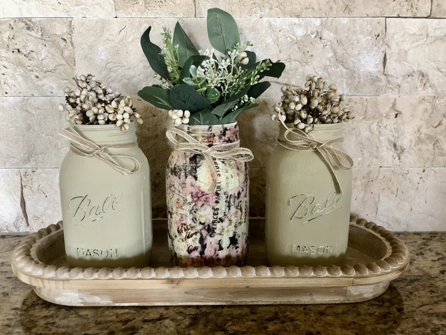 Rustic Farmhouse/Shabby Chic Mason Jar Centerpiece/Table  w/ Tray Chalk Painted