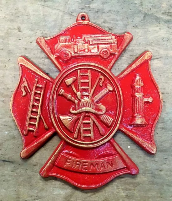 HAND PAINTED Red Fireman Plaque Maltese Firefighter Cross, cast iron 8 x 9 inch