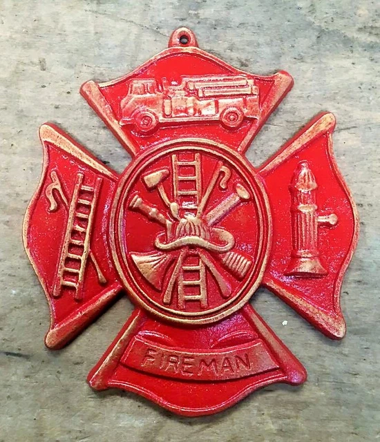 Fireman Multess Cross HAND PAINTED RED Fireman Plaque Maltese Firefighter Cross, cast iron 8 ...