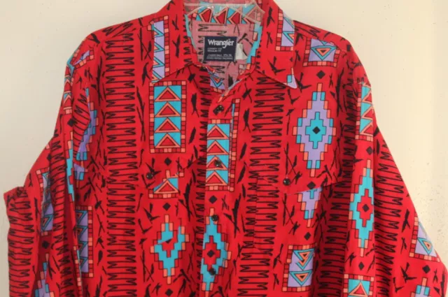 WRANGLER - 17.5-36 L XL Cowboy 100% Baumwolle Rot Southwest Pop-Art Navajo Hemd