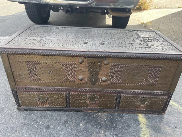 Antique 19th Century Middle Eastern Brass & Wood Blanket Chest