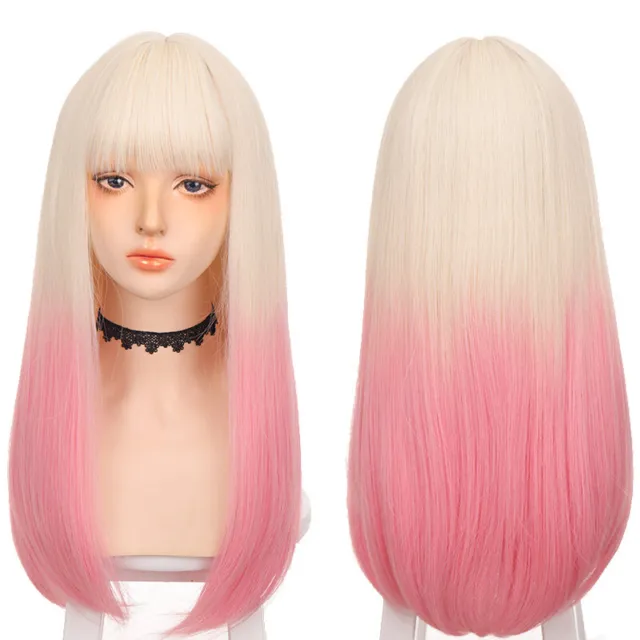 Womens Long Straight Hair Wigs Golden & Pink Gradient Party Cosplay Ladies Wig F