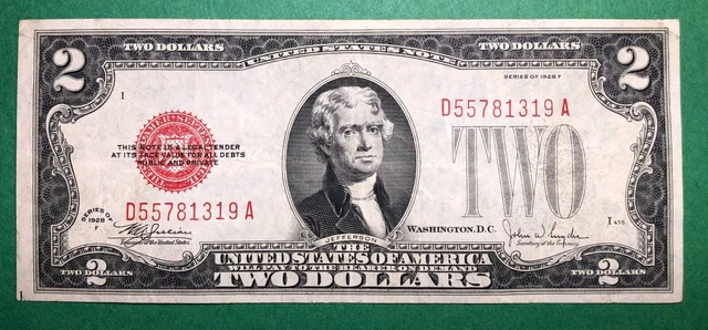 1928 F - $2 - United States Note - Red Seal - Legal Tender - Very Fine