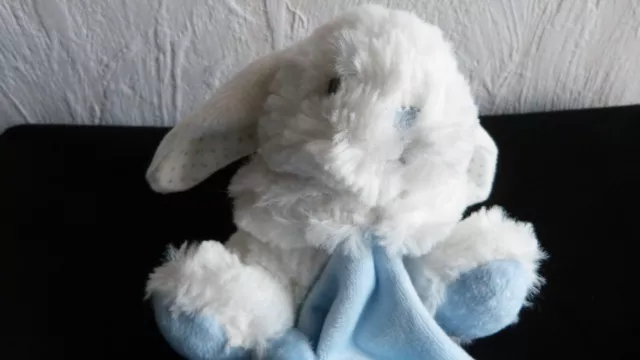 doudou tex  lapin  blanc  assis   avec mouchoir bleu a pois  neuf