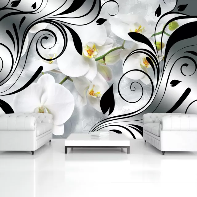 Vlies Fototapete Blumen Abstrakt Silber Orchidee 3D EFFEKT Schlafzimmer Tapete