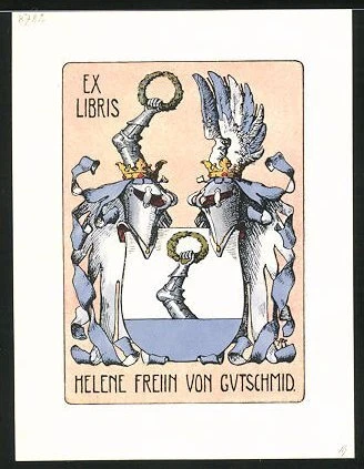 Exlibris Helene Freiin von Gutschmid, Wappen mit Ritterhelmen