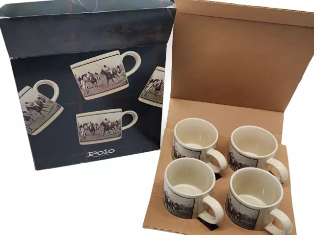 Vintage SET OF 4 Ralph Lauren POLO THOROUGHBRED Ceramic Mugs IN BOX 1988 Japan