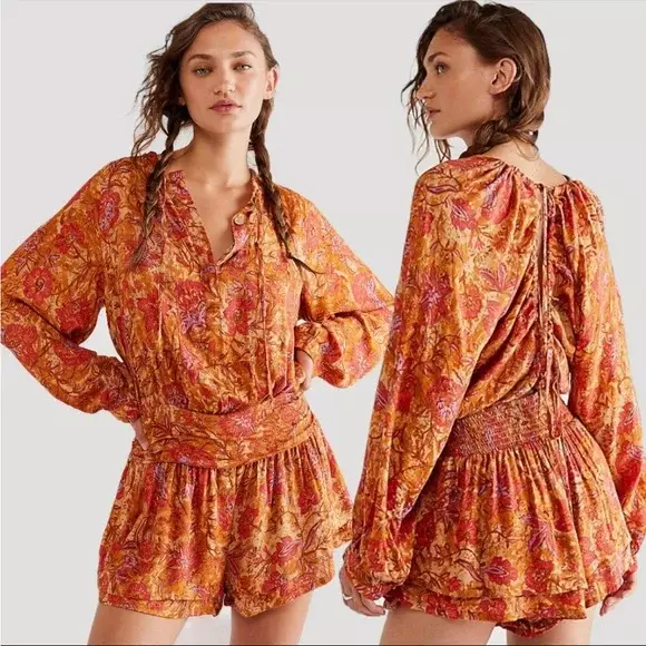 Free People Orange Dance Til Dawn Romper Size Women's XS Ruffled Tie Up Romper