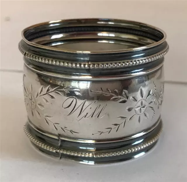 Victorian Coin Silver Napkin Ring 1 5/8" Diameter 1 1/4" Wide Monogram Will