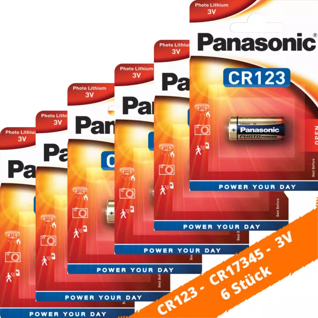 6 x Panasonic CR123A CR17345 Photo Lithium Batterie 3V ø17x34,5mm Blister