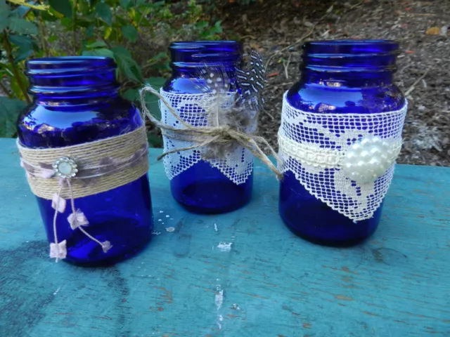 3 Cobalt Blue GLASS BOTTLES Vanity Display Decoration JARS Wedding Craft - NEW