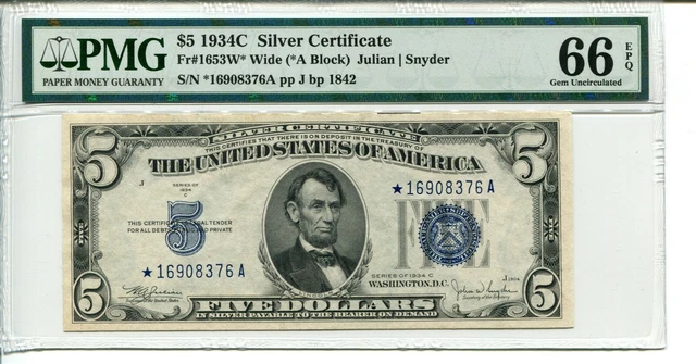 Fr 1653W* Wide Star 1934C $5 Silver Certificate Pmg 66 Epq Gem Uncirculated