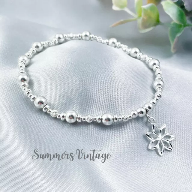 Sterling Silver Flower Charm Bracelet Beaded Ball Stretch Stacking Layering 925