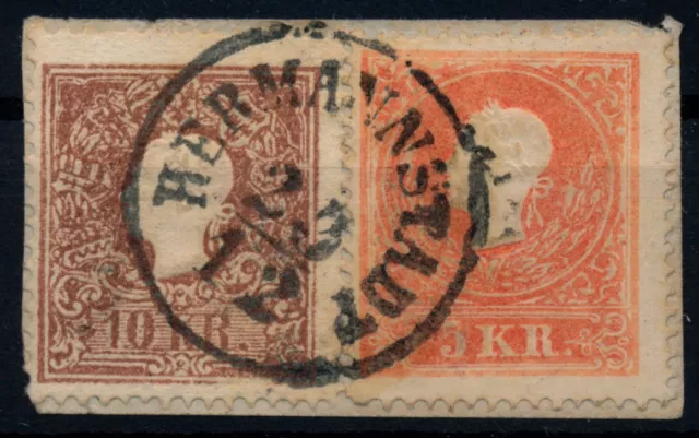 ÖSTERREICH 1858 2-FARBEN-FRANKATUR:10Kr+5Kr, beide Type II. HERMANNSTADT (Sb)