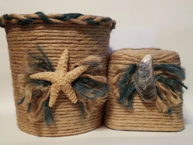 Hand Crafted Nautical Beach Jute Seashell Seastar Tissue Holder & Trash Can Set
