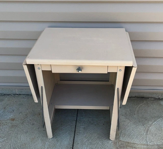 Vintage Metal Drop Leaf Typewriter Stand Beige Table with Drawer Vintage Metal Drop Leaf Typewriter Stand Beige Table with Drawer