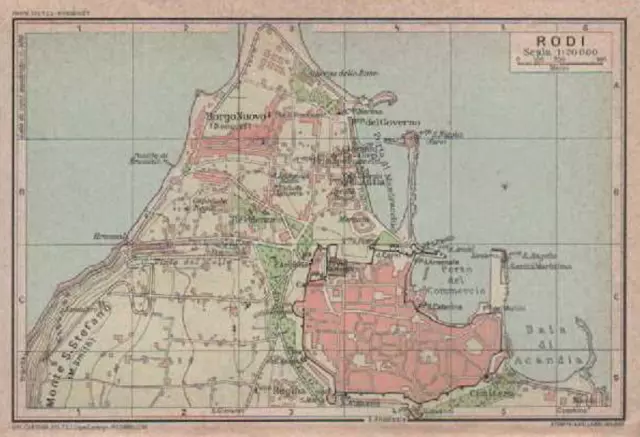 Grecia_Rodi_Antica Mappa Topografica_Cimitero_Porto_Stampa D'epoca_Cartografia