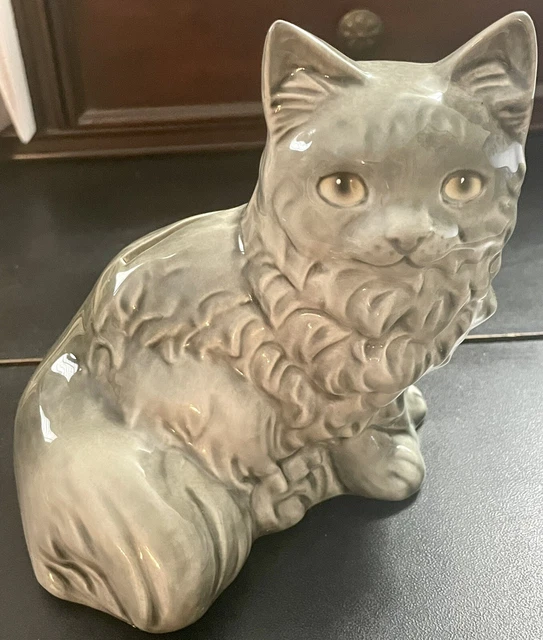 VINTAGE GOEBEL WEST Germany Cat Bank Gray Porcelain Figurine With Key