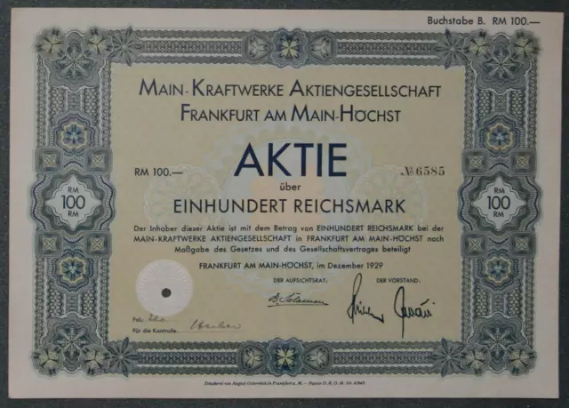 Main-Kraftwerke Aktiengesellschaft 1929  100 RM