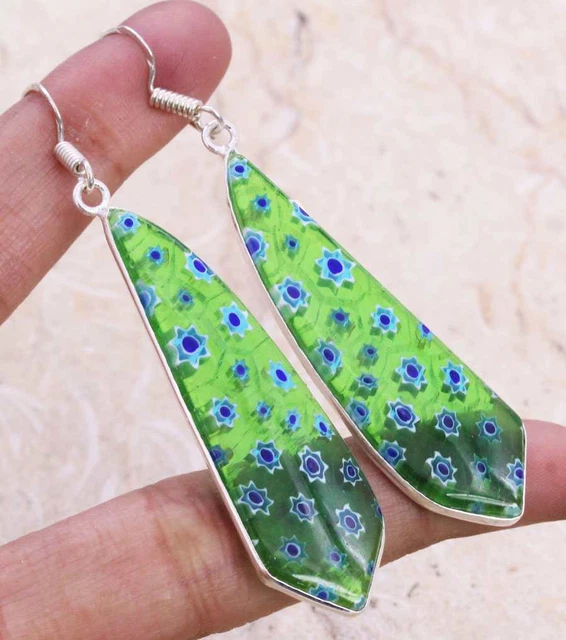 Dichroic Glass 925 Silver Plated Handmade Earrings of 2.5" Ethnic Gift