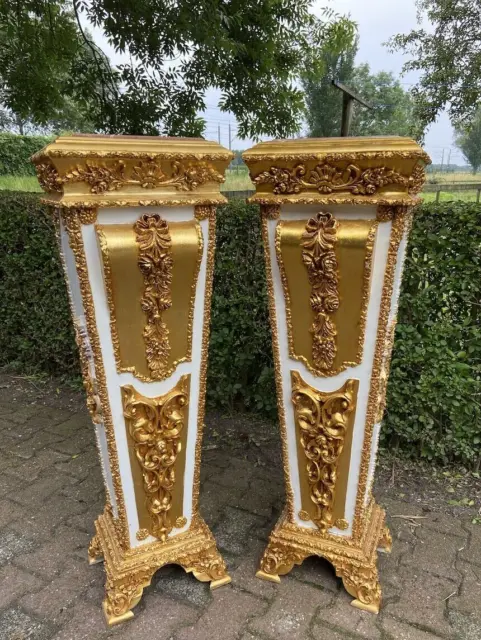 Louis XVI Elegance: Gold & White Wooden Pedestals with Marble Top