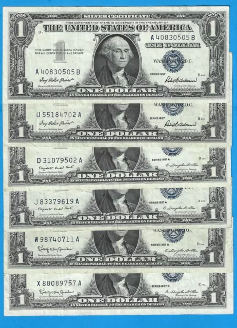 1957/A/B $1 Silver Certificates,6) Notes-2) Each Series,Blue Seal,Crisp VF,Nice!