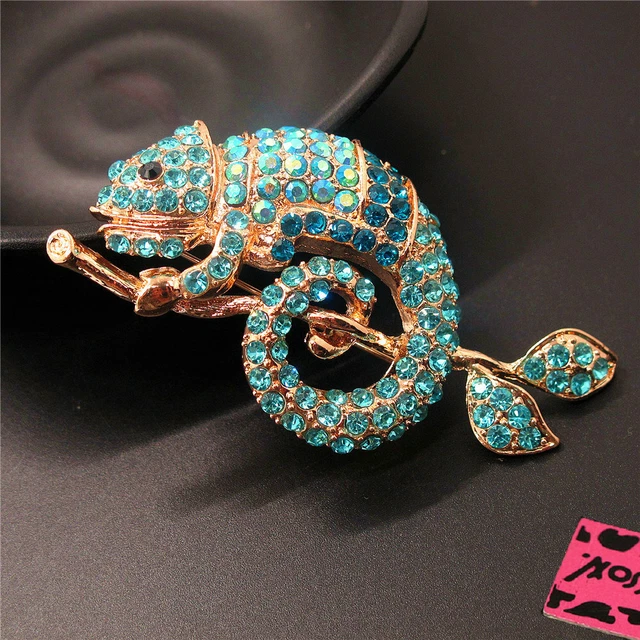 Blue Rhinestone Bling Branch Gecko Crystal Fashion Women Charm Brooch Pin Gifts