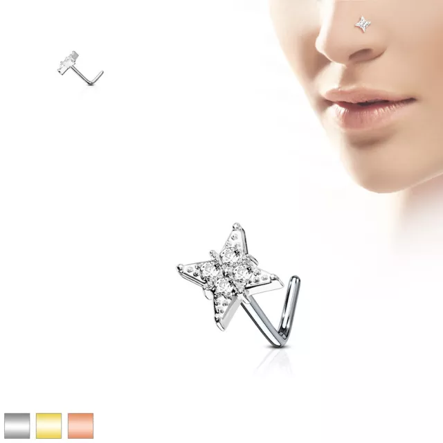 CZ Gem Paved Star / Cross 316L Surgical Steel "L" Bend Nose Stud / Ring