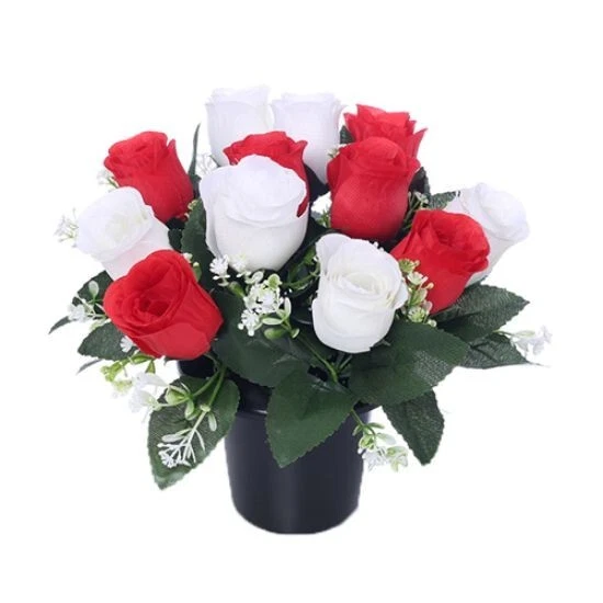 Composizione floreale artificiale in tomba vaso commemorativo cimitero rose rosse/bianche