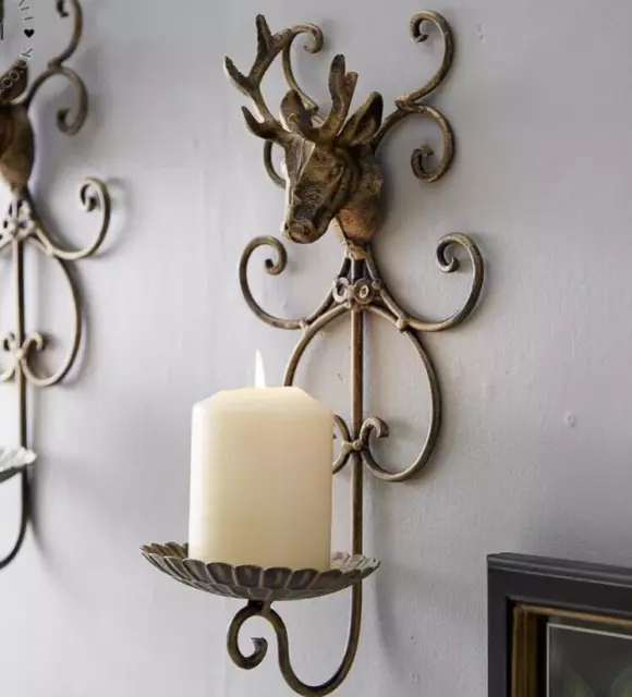 Stag Candle Holder Wall Mounted Bronze Pillar Church Sconce Country Traditional