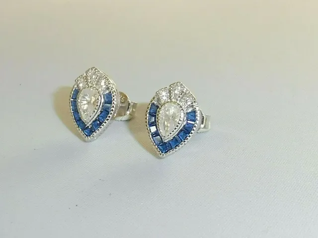 Ladies Art Deco Design 925 Sterling Silver Blue & White Sapphire Earrings