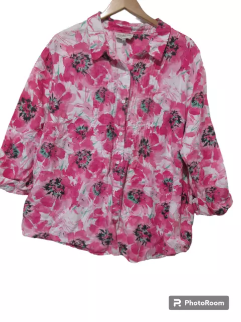 Sz 3X JONES NEW YORK Shirt LINEN Button Up Blouse Top Floral Pink 3/4 Sleeve