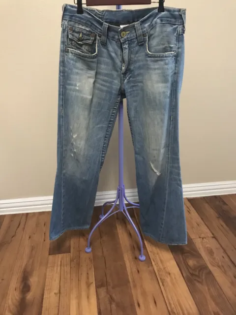 True Religion Men's Medium Wash Flared  Boot Cut Denim Jeans w Flap Pockets 33