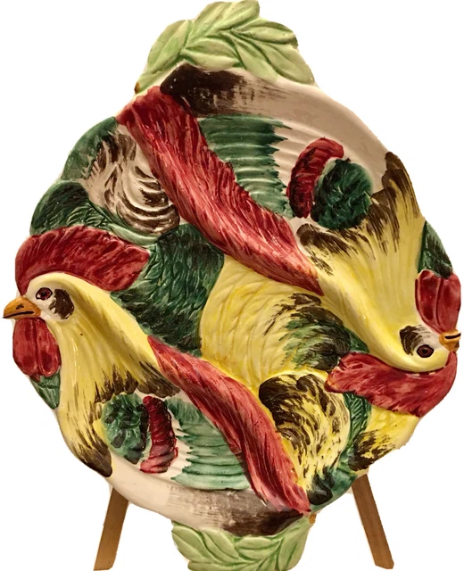 Vintage Italian Majolica Divided Rooster Serving Platter Hand Painted Unique