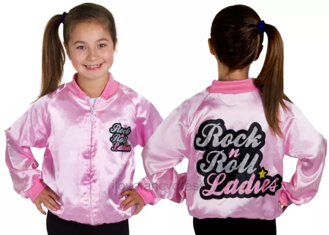 Girls Rock N Roll Ladies Pink Satin Jacket 1950'S Fancy Dress Costume Musical