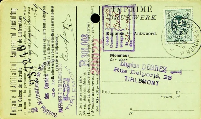 Belgique 1929 5c Sur Imprimé Matière Réponse Carte Postale To Tirlemont Largeur