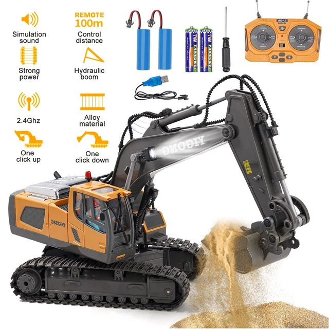 DOUBLE E E589 Terna Escavatore Telecomando 1:20 Con Bulldozer E Camion - Batteria Al Litio