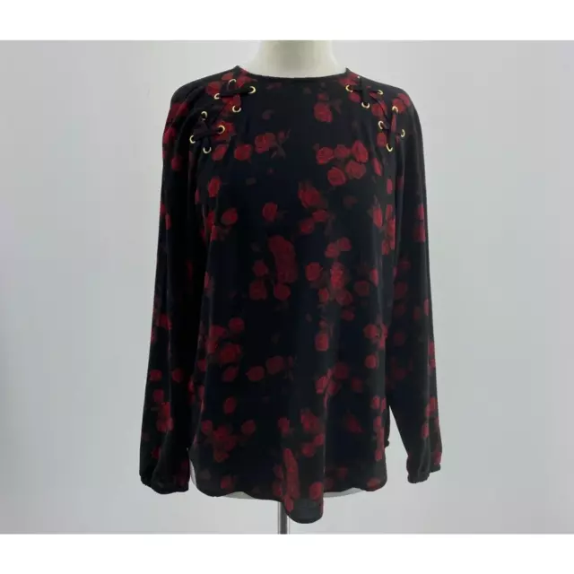 NWT Michael Kors Black Red Roses Print Round Neck LS Top Blouse Womens Size M