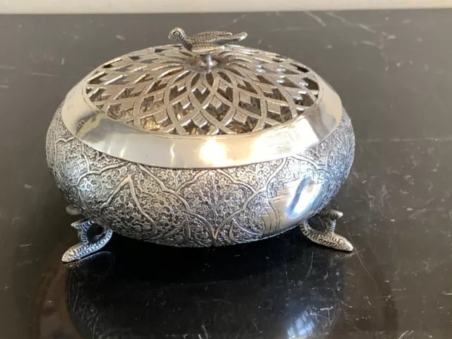 Silver Ornate Islamic Incense Censer Box with Dove Finial 221 Grams