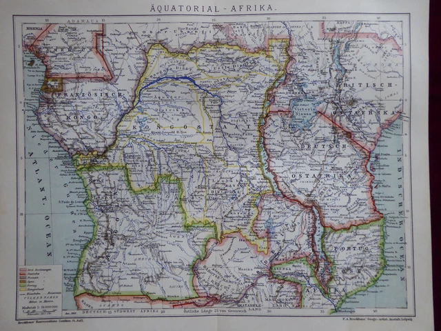 Landkarte von Äquatorial - Afrika, Deutsch-Ostafrika, Kamerun, Brockhaus 1901