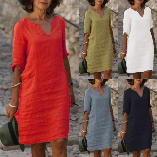 Women's Short Sleeve Cotton Linen Midi Dress Ladies Solid V Neck Baggy Sundress