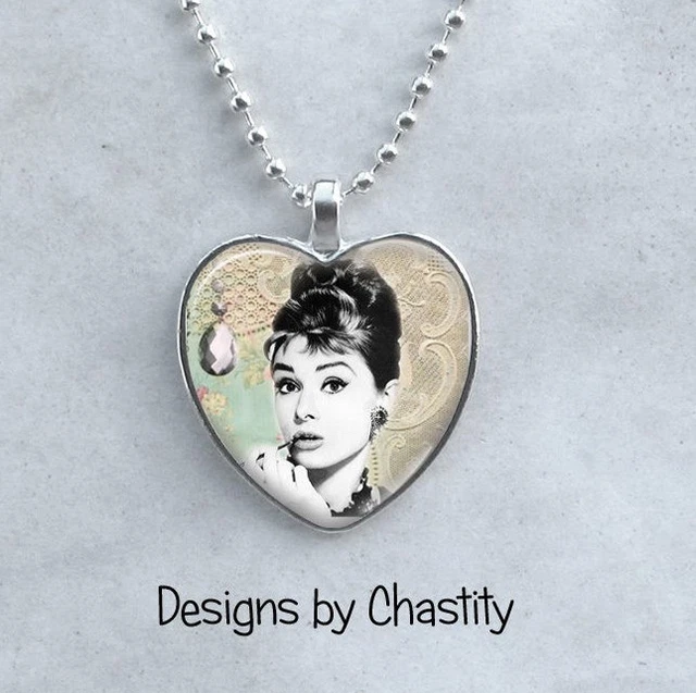 Audrey Hepburn Necklace Glass Heart Charm Breakfast at Tiffany's Mix Media Art