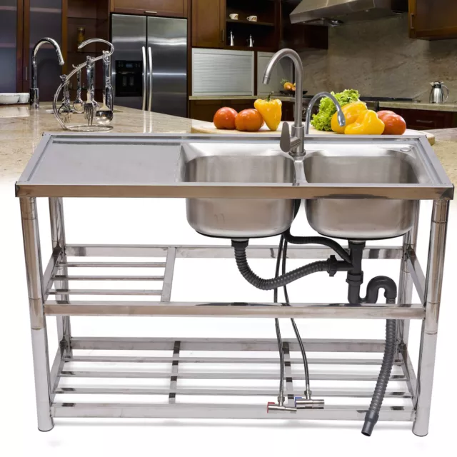 Commercial Sink Stainless Steel  Kitchen Utility Sink 2 Compartment & Prep Table