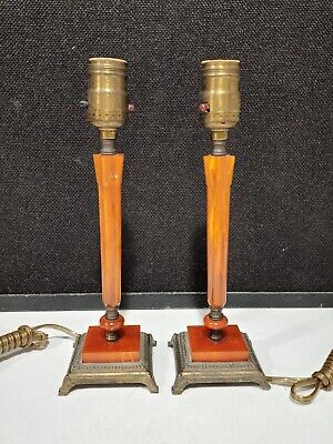 Pair  Of Amber Bakelite Vintage Art Deco Lamps  W/Ornate Metal Bases