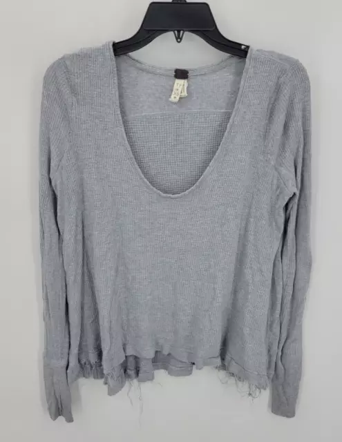 Free People Top Womens XS Gray Scoop Neck Long Sleeve Waffle Knit Boho