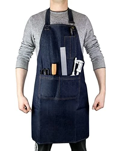Heavy Duty Denim Work Apron With Pockets, Adjustable Jean Tool 1 Pack Blue