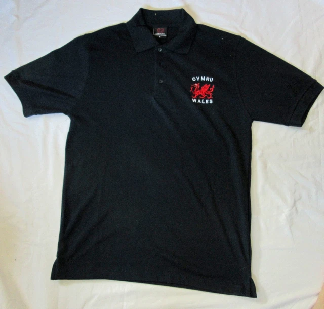 MANAV man's black "Cymru, Wales" POLO TOP - Small - chest 40"